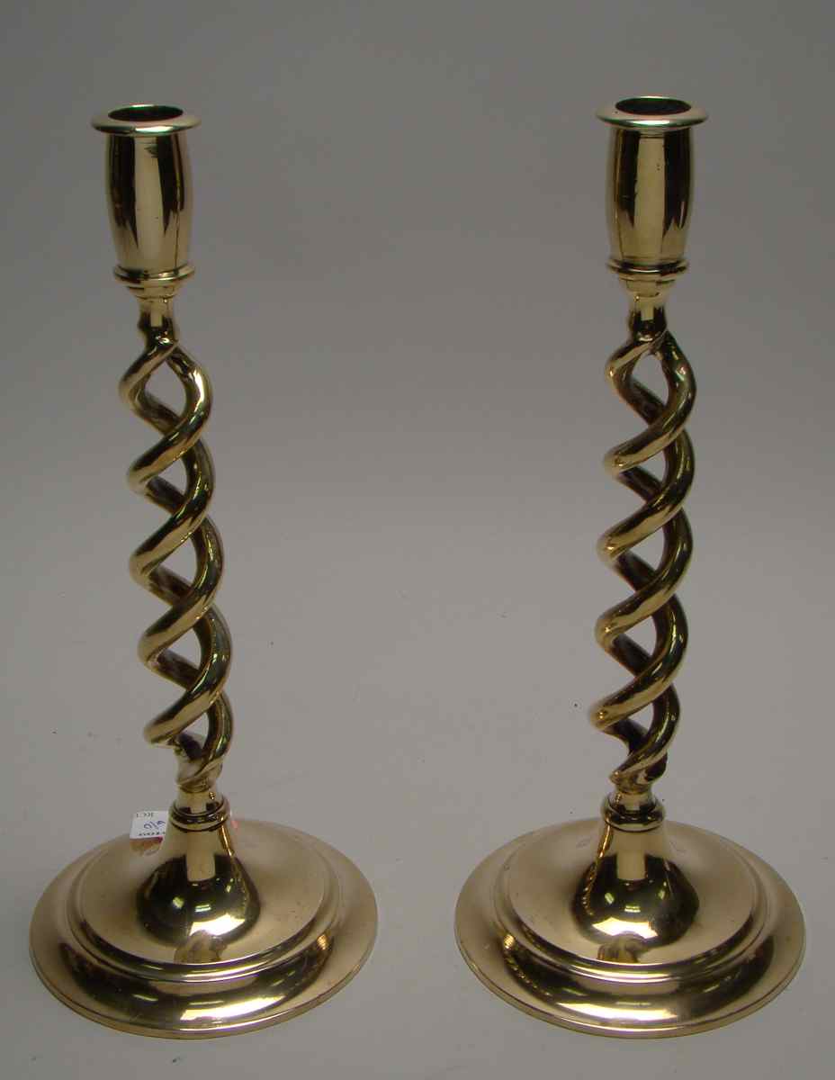 Appraisal: PAIR OF BRASS DOUBLE WRITHEN-STYLE CANDLESTICKS th CenturyHeight