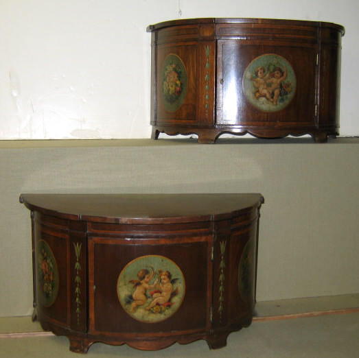 Appraisal: PAIR OF ENGLISH MINIATURE COMMODES Adam style mahogany demi-lune shaped