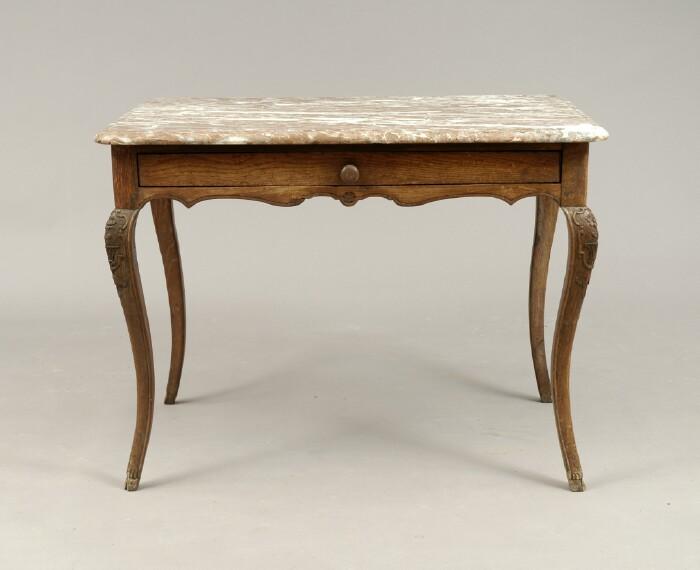 Appraisal: R gence Carved Oak Marble-Top Single-Drawer Side Table x x