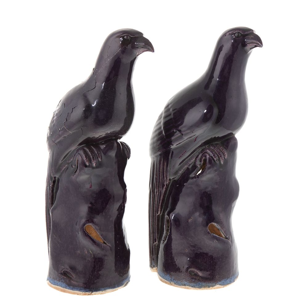 Appraisal: Pr Chinese Aubergine Monochrome Porcelain Falcons Modeled as falcon perched