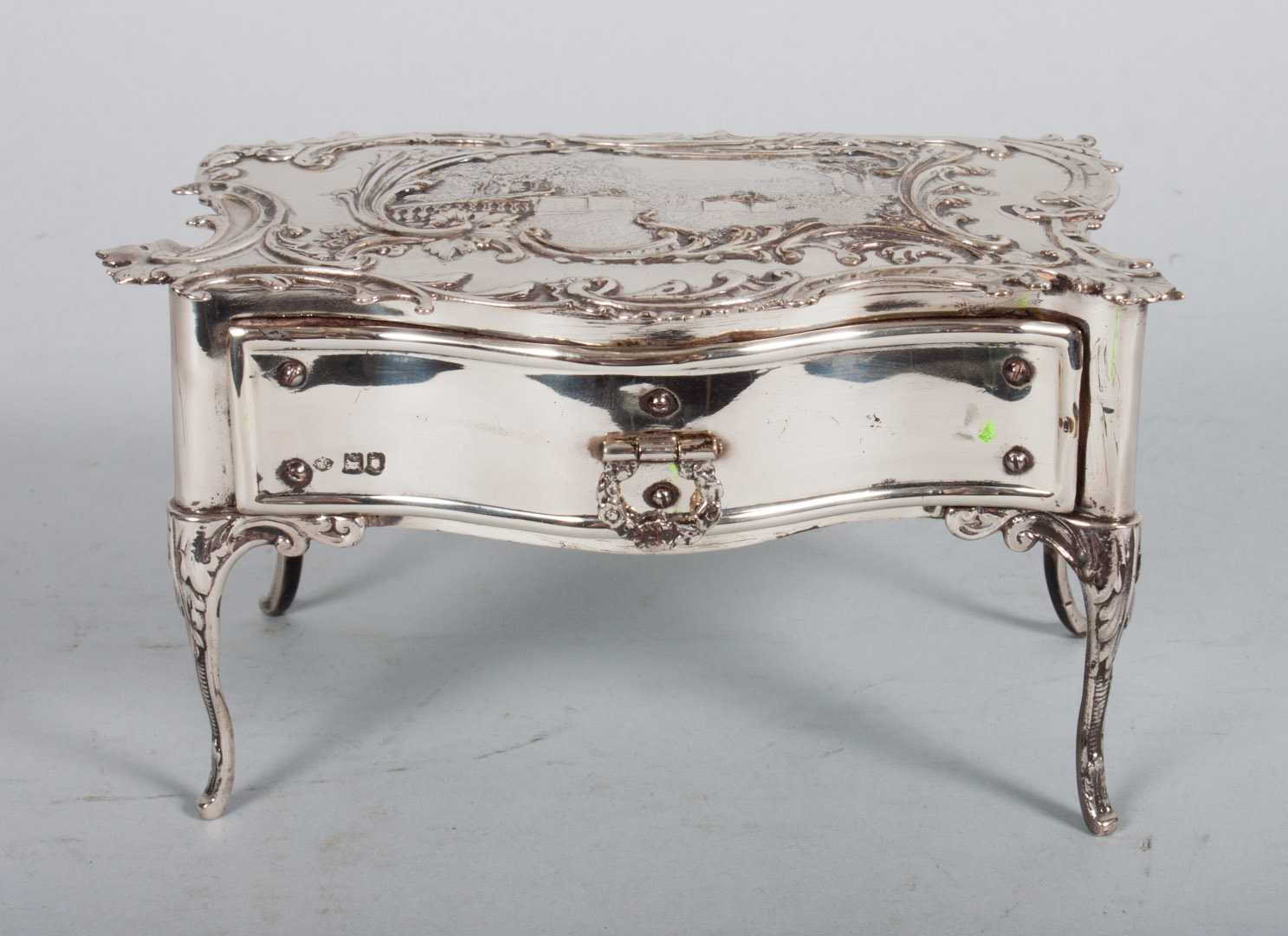 Appraisal: English sterling silver jewelry box one-drawer jewelry box modeled as