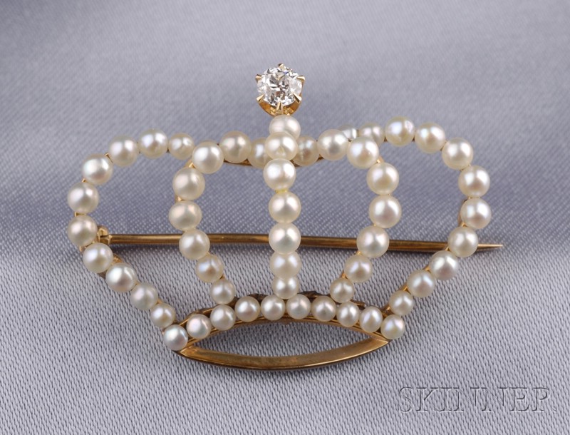 Appraisal: Antique Seed Pearl and Diamond Crown Brooch J E Caldwell