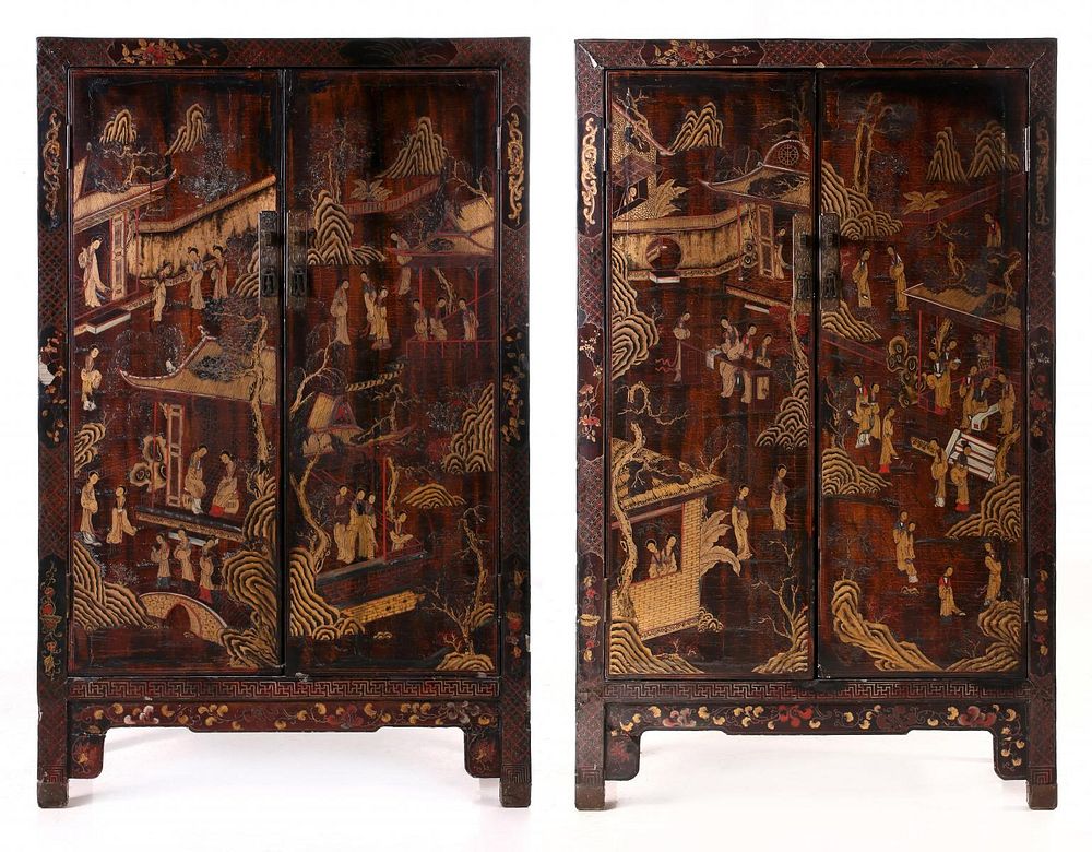 Appraisal: PAIR EARLY TH C CHINESE CHINOISERIE LACQUER CABINETS The rectangular