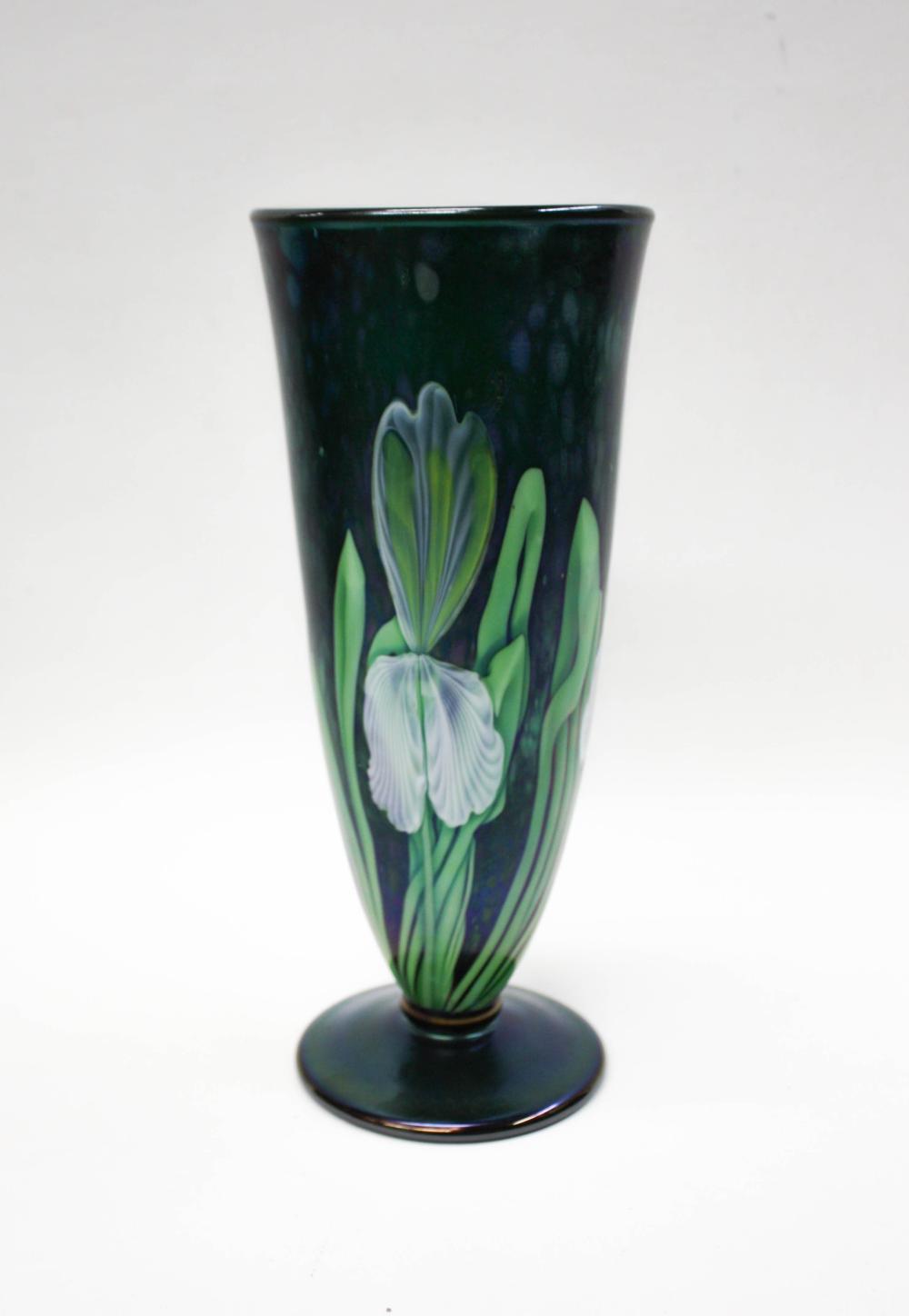 Appraisal: ORIENT FLUME ART GLASS VASE with iris motif on iridescent