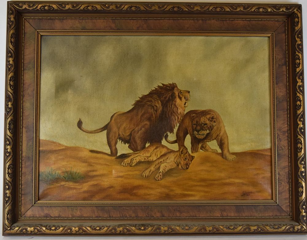 Appraisal: Signed A Bross Oil on Canvas Lions A Bross American