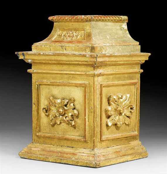 Appraisal: LOW CARVED GILTWOOD PEDESTAL Baroque Italy th century Some losses