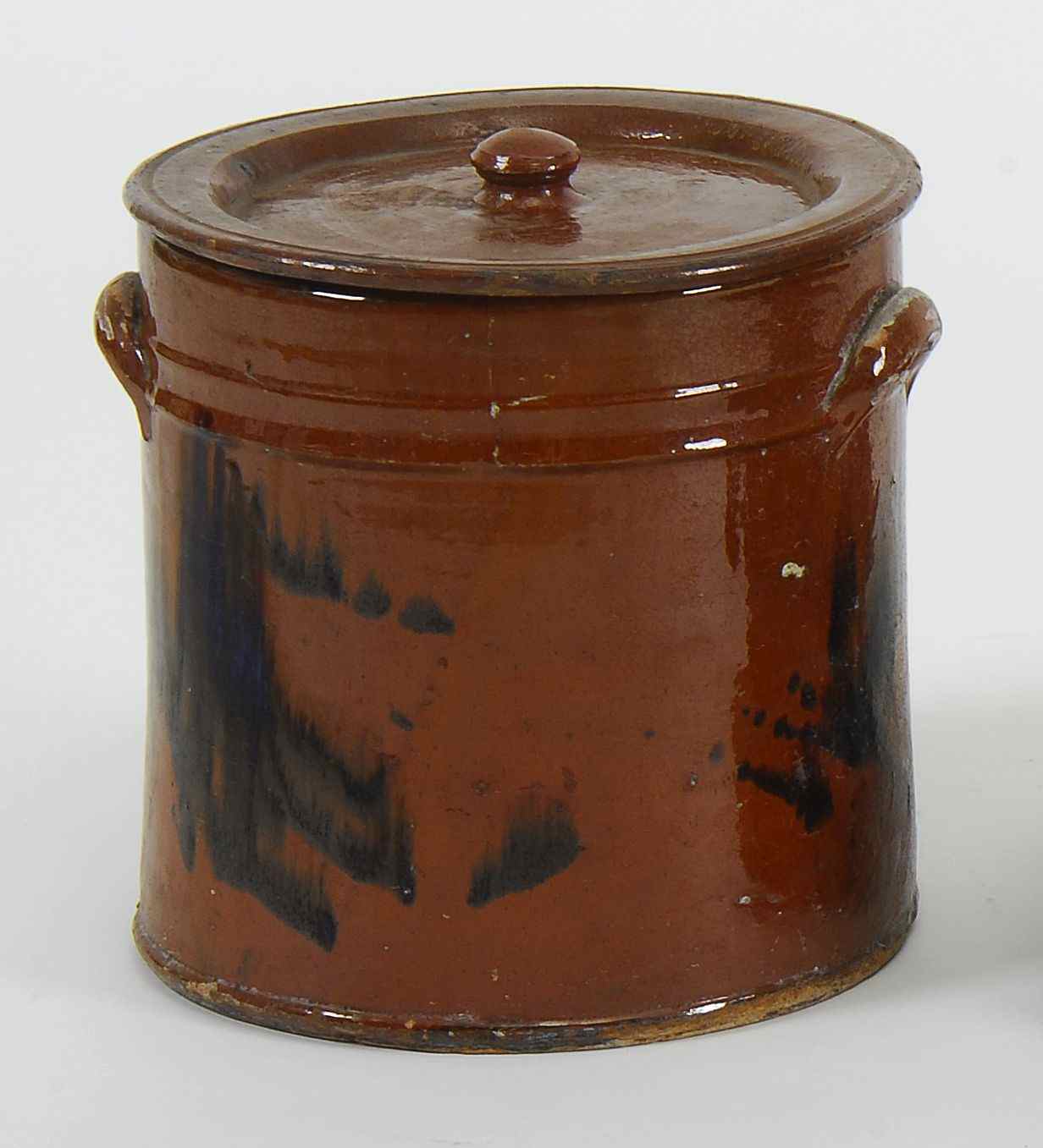 Appraisal: ANTIQUE REDWARE COVERED CROCKEarly th CenturyHighly glazed brown body with