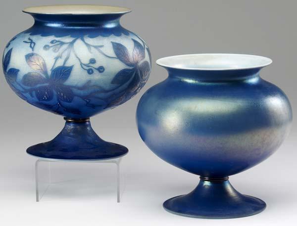 Appraisal: DURAND Two footed vases in iridescent blue one with leaf