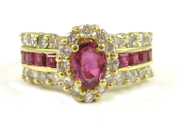 Appraisal: RUBY DIAMOND AND EIGHTEEN KARAT GOLD RING set with eight