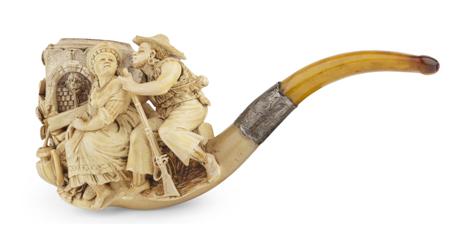 Appraisal: CASED MEERSCHAUM PIPE TH CENTURY finely carved in high relief