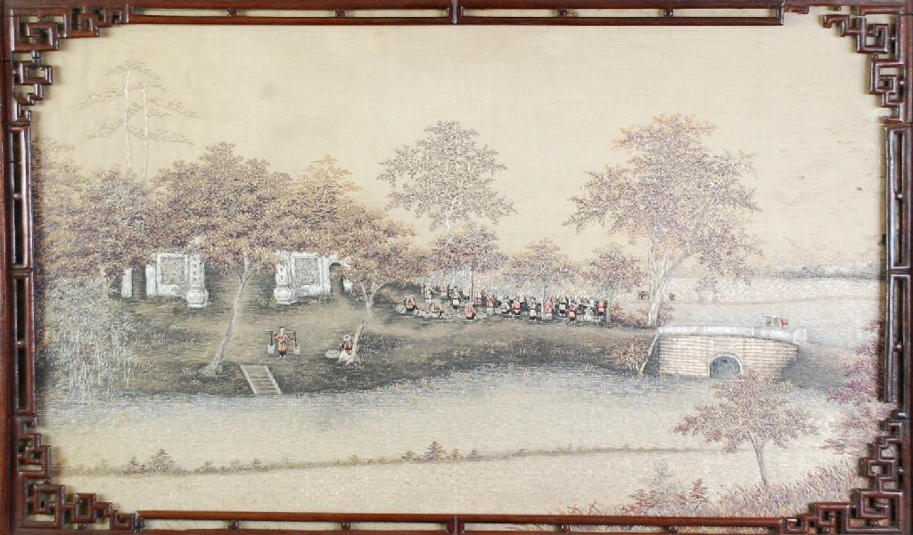 Appraisal: CHINESE NEEDLEWORK PICTURE hand worked with figures carrying baskets working