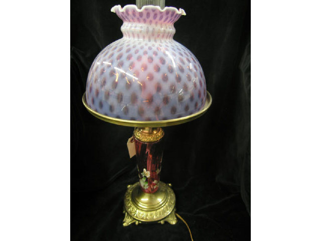 Appraisal: Fenton Cranberry Art Glass Lamp with opalescent coin spot shade