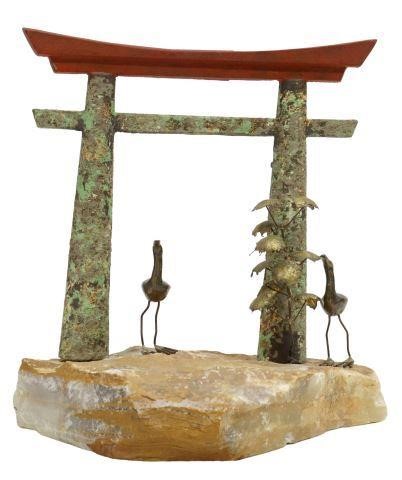 Appraisal: Mixed metal and stone sculpture Temple Gate with Birds signed