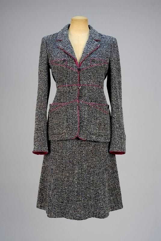 Appraisal: CHANEL WOOL BLEND SKIRT SUIT Black grey and white patterned