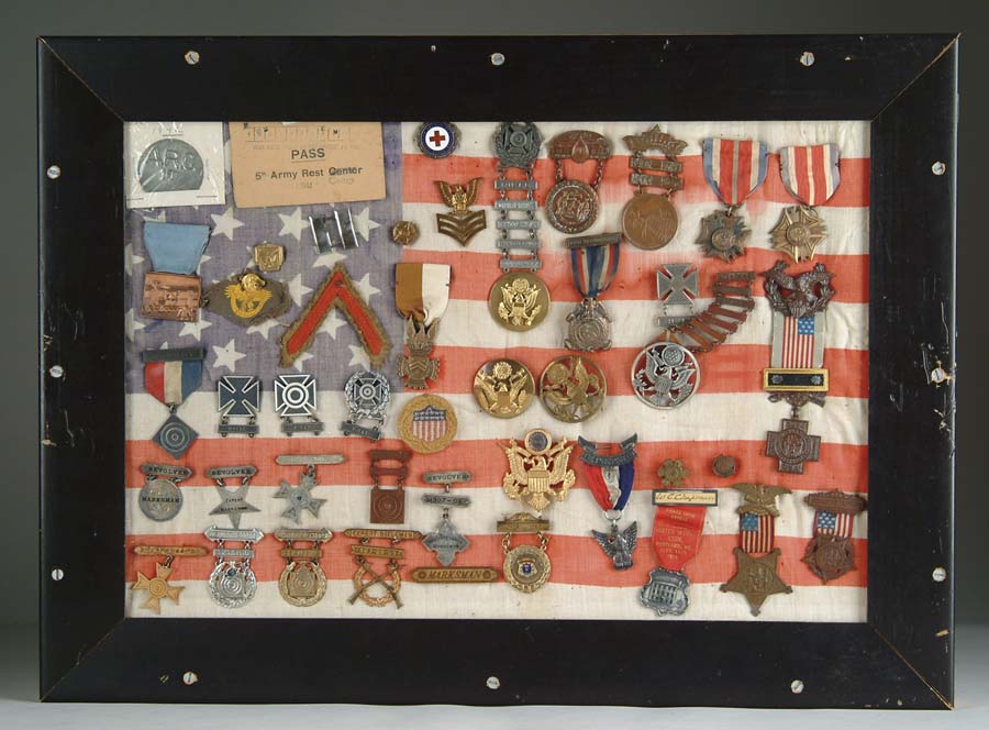 Appraisal: THREE FRAMES OF PINS MEDALS PATCHES Including over rank and