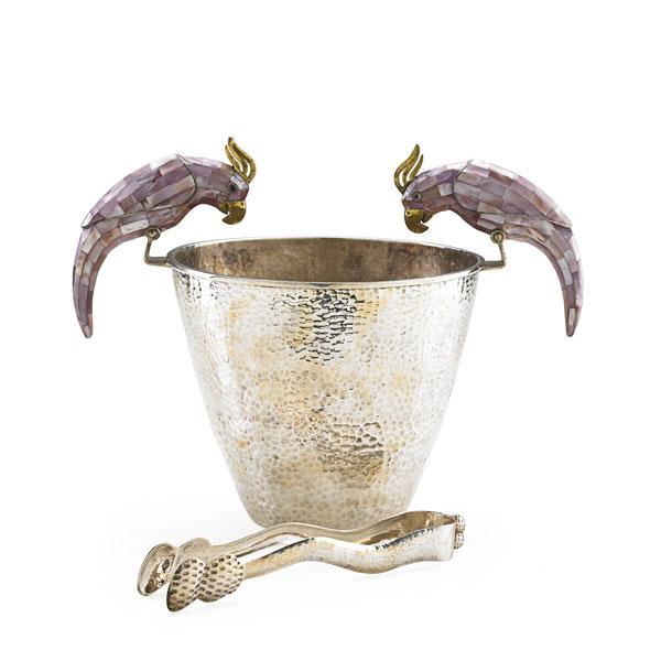 Appraisal: LOS CASTILLO ICE BUCKET AND TONGS Silver plate and mother