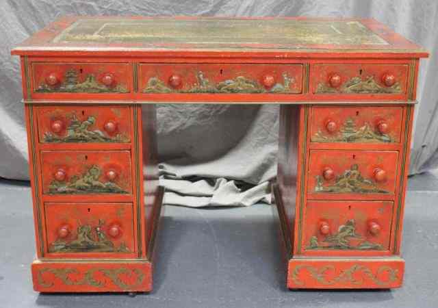 Appraisal: Antique Scarlet Chinoiserie Decorated KneeholeDesk From a Larchmont NY estate