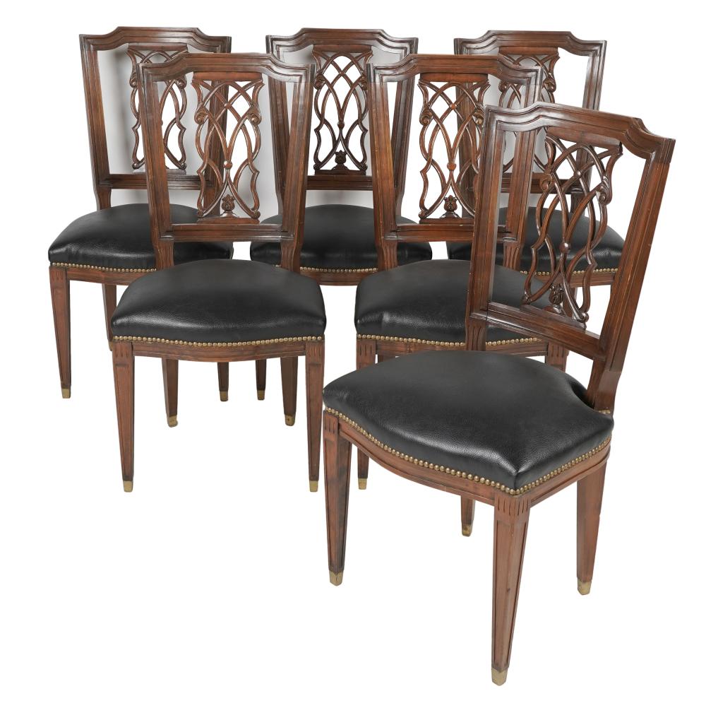 Appraisal: SIX MAISON JANSEN WALNUT DINING CHAIRSeach stamped Jansen to underside