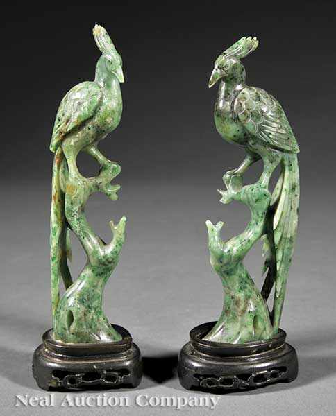 Appraisal: A Pair of Chinese Spinach Jade Phoenix Birds late th