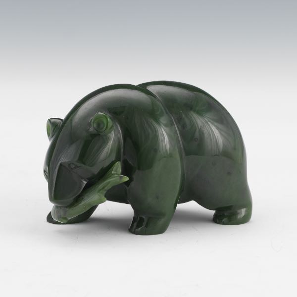 Appraisal: CANADIAN CARVED GREEN NEPHRITE JADE BEAR WITH SALMON x x