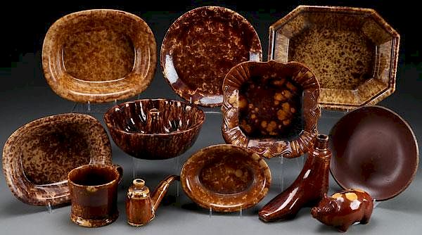 Appraisal: BENNINGTON GLAZED POTTERY ITEMS A GROUP OF BENNINGTON ROCKINGHAM BROWN