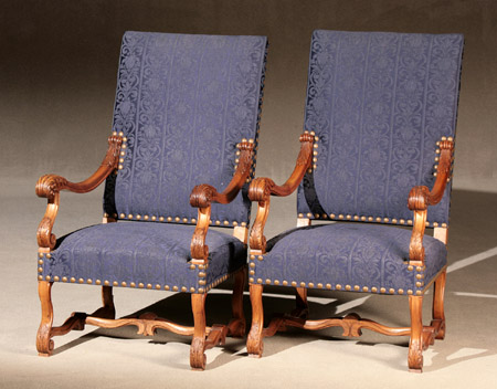 Appraisal: Pair of Flemish Style Walnut Armchairs First Quarter th Century