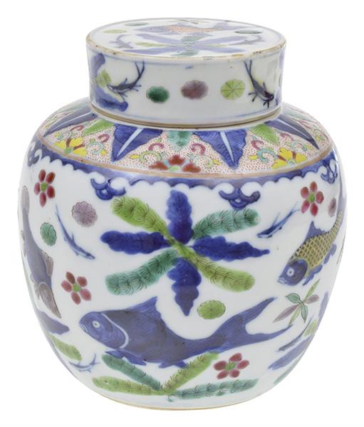 Appraisal: A CHINESE WUCAI GINGER JAR WITH AQUATIC SCENE underglazed Yongzheng