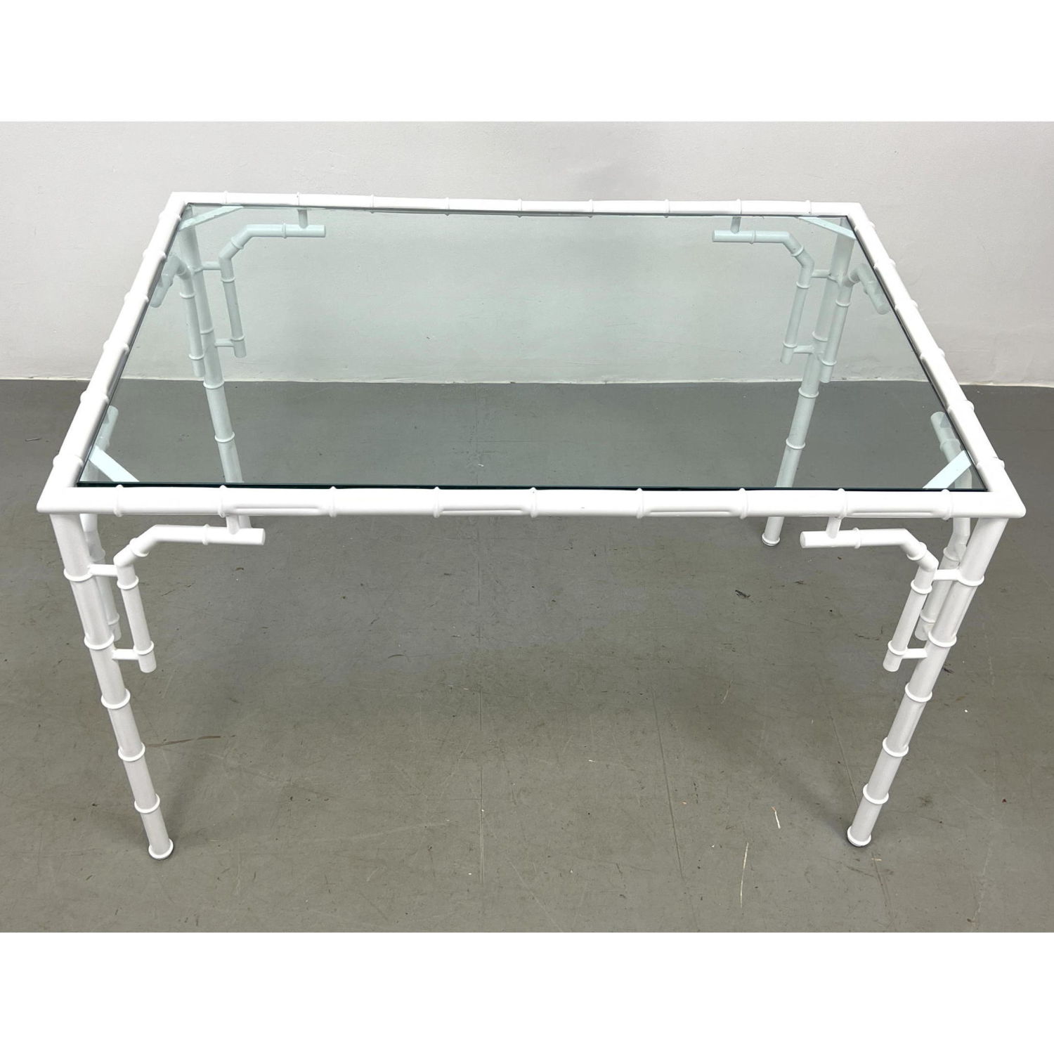 Appraisal: Italian Faux Bamboo Painted White Metal Dining Table Inset Glass