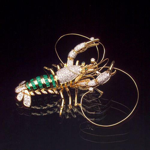 Appraisal: LAVIANNE Lobster brooch of diamonds and emeralds in k white