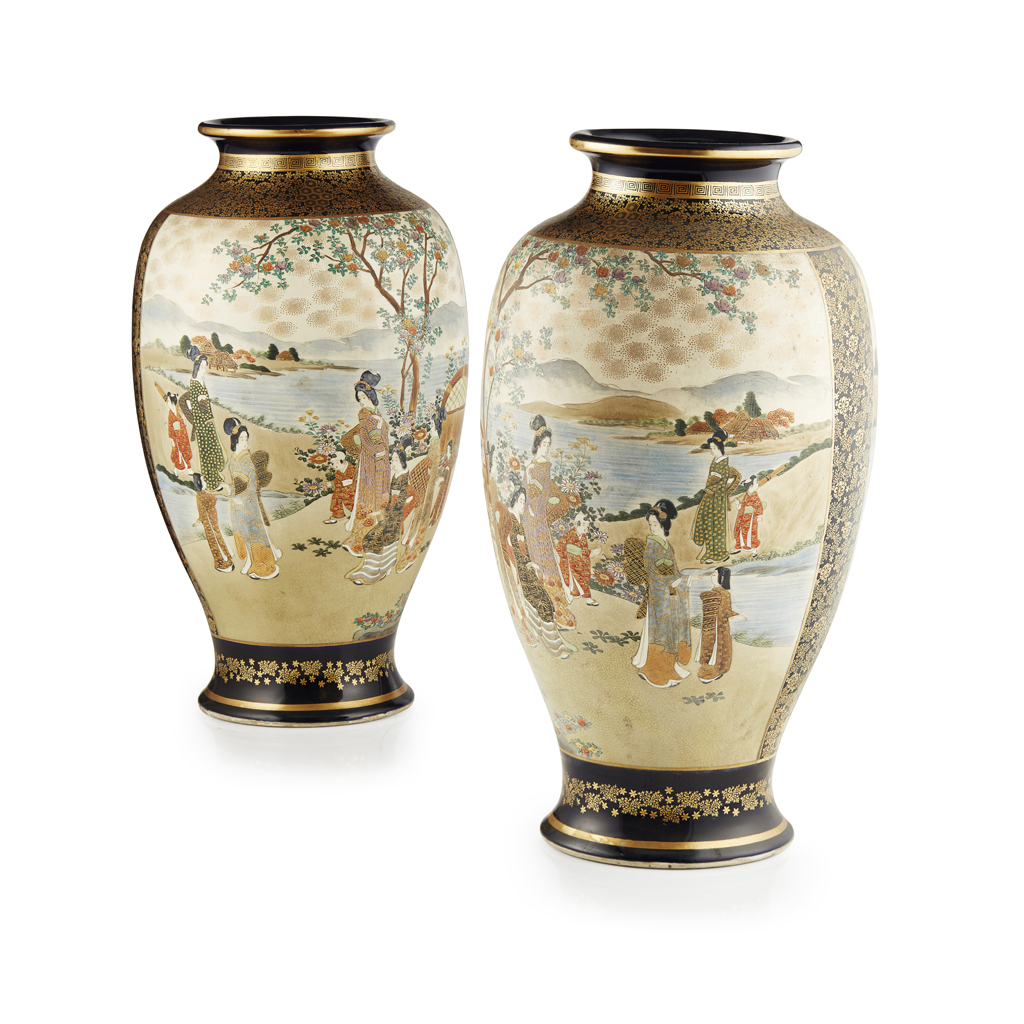 Appraisal: NEAR PAIR OF LARGE JAPANESE SATSUMA VASES LATE TH EARLY