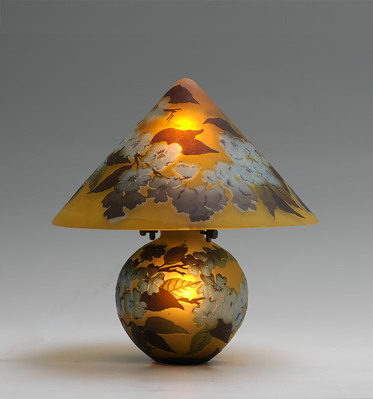 Appraisal: CAMEO GLASS TABLE LAMP SIGNED GALLE Amber ground with blue