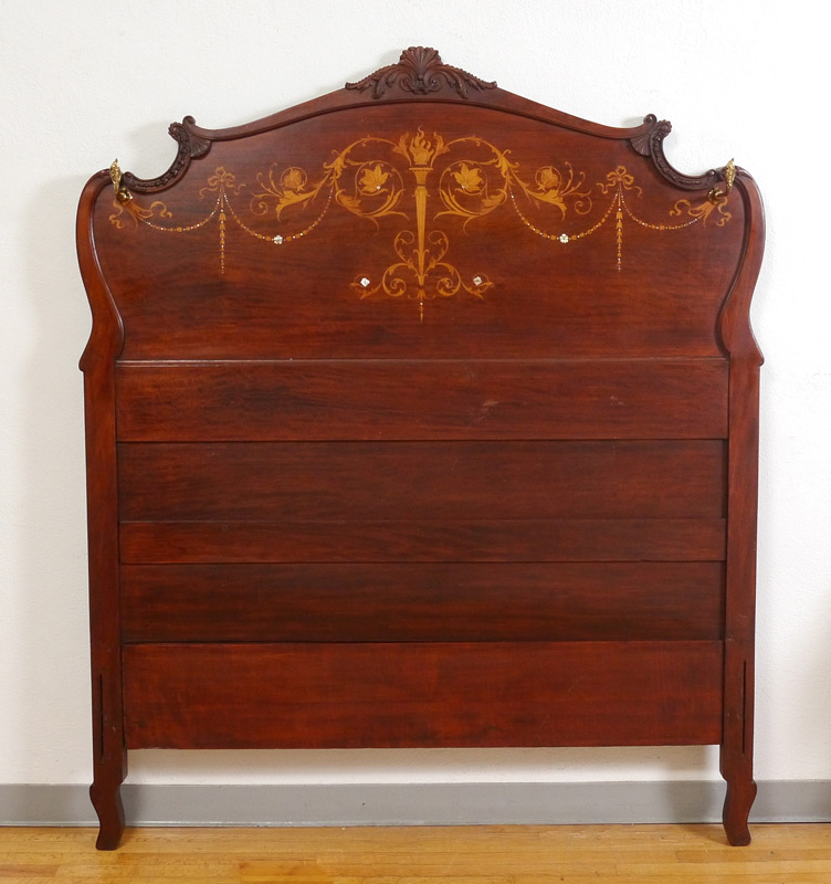 Appraisal: R J HORNER INLAID HEADBOARD Carved and shaped crest marquetry