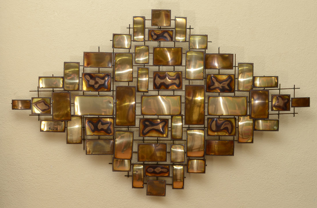 Appraisal: MID CENTURY MIXED METAL WALL ART SIGNED Rectangular arrangement on