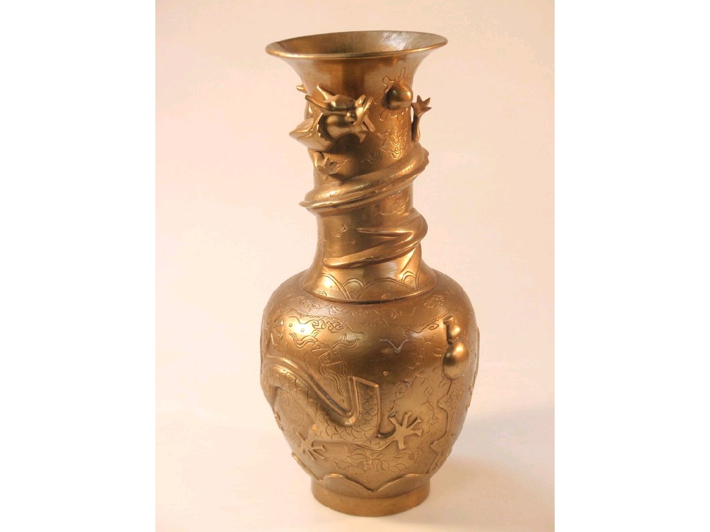 Appraisal: A thC cast gilt bronze baluster vase engraved with Chinese