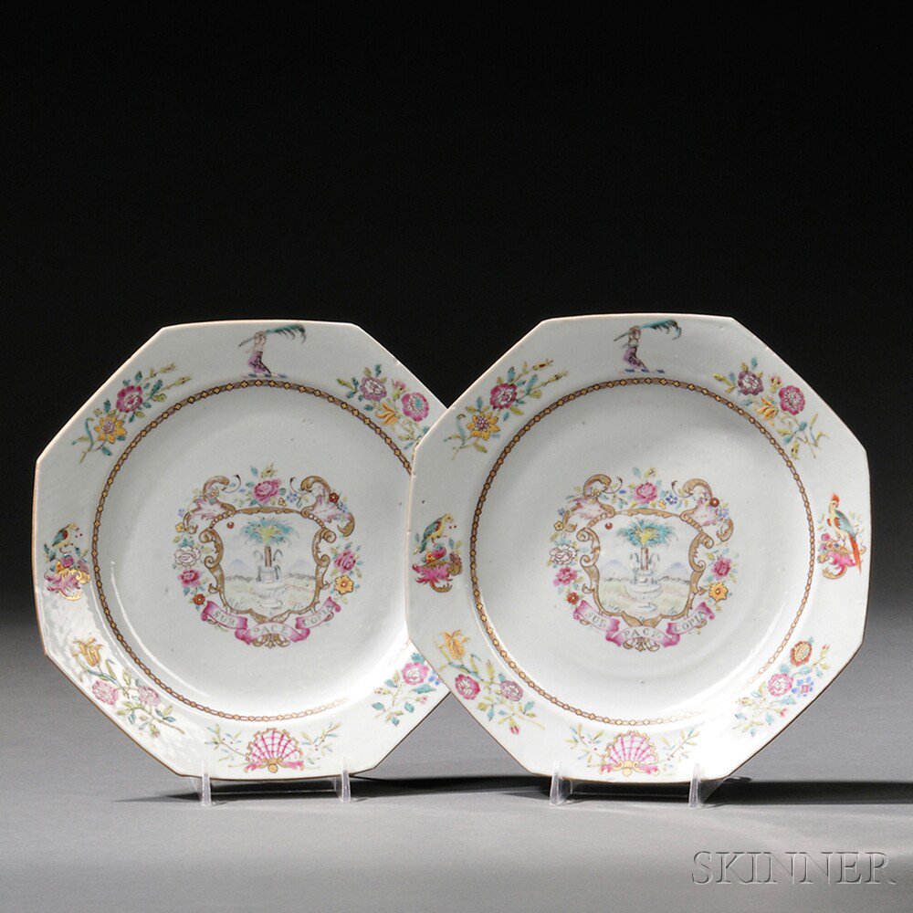 Appraisal: Pair of Armorial Octagonal Porcelain Plates China c with polychrome