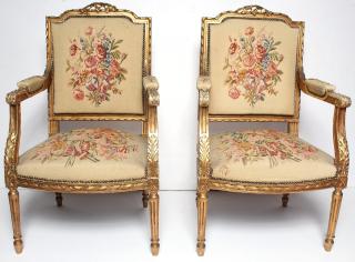 Appraisal: Pair of Louis XVI Gilded with padded armrests and antique