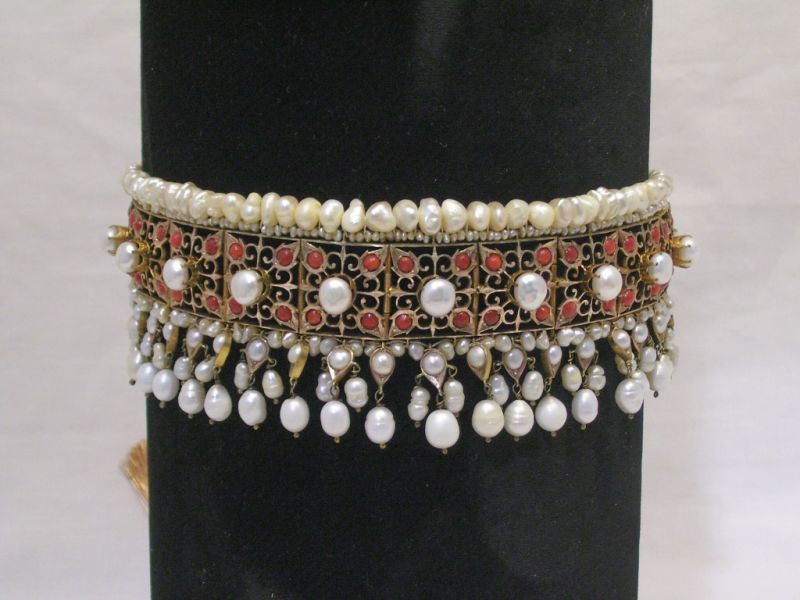 Appraisal: Tibetan Choker Gold filigree design with pearls and carnelian stones