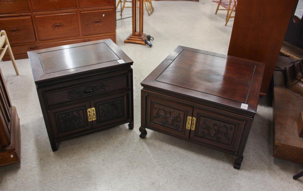 Appraisal: TWO CHINESE CARVED ROSEWOOD CABINET END TABLES H x W