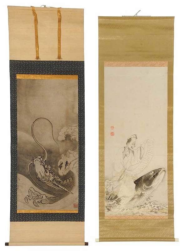 Appraisal: Two Japanese Scrolls Dragon Carp After Soga Shohaku - Wild