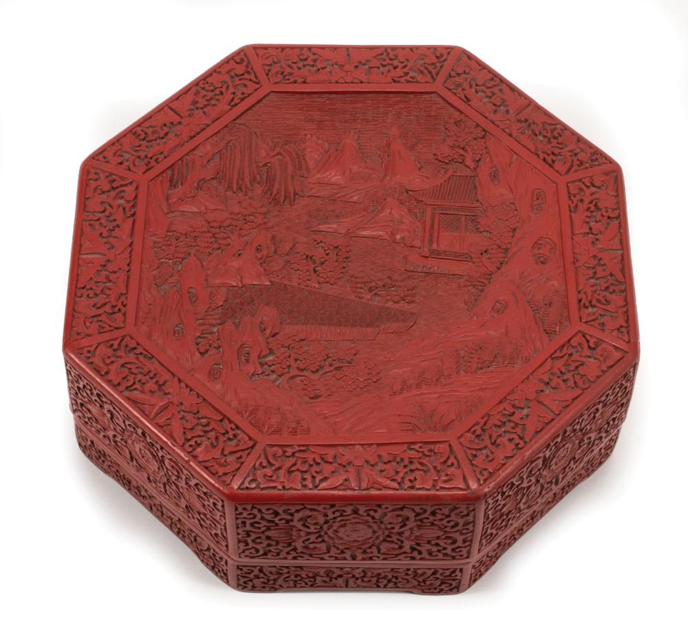 Appraisal: Chinese Molded Red Lacquer Octagonal Covered Box with central cartouche