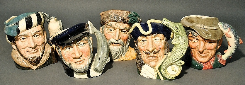 Appraisal: - Five Royal Doulton character mugs The Poacher Capt Ahab