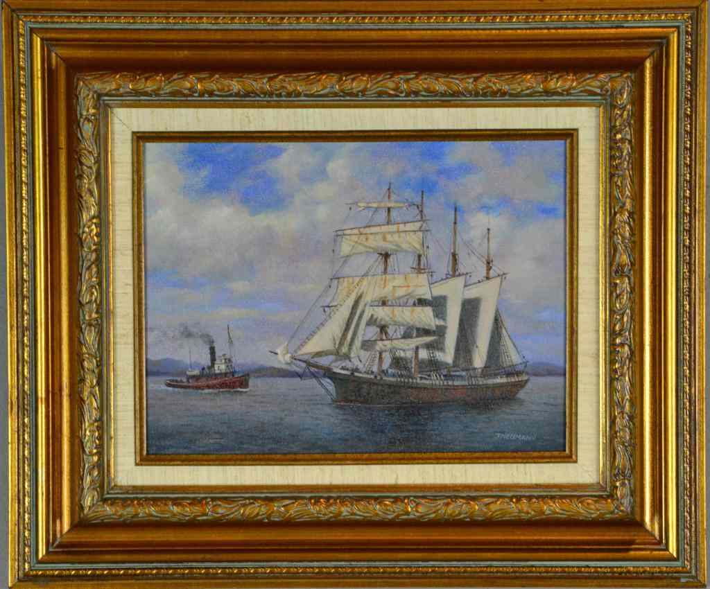 Appraisal: J Neumann Oil Painting On CanvasDepicting a masted schooner and