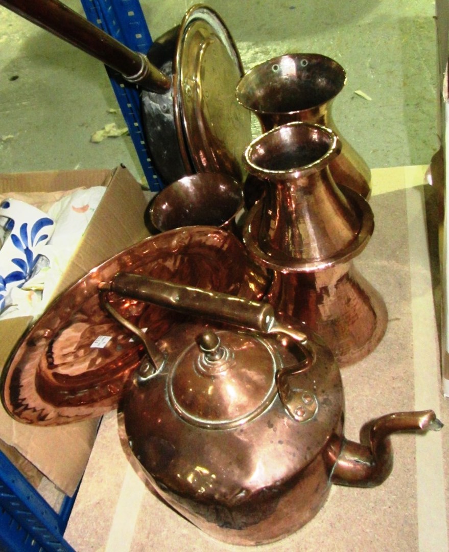 Appraisal: A quantity of copper wares including a warming pan a