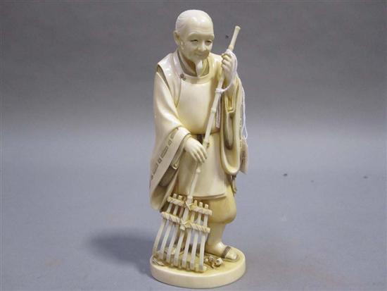 Appraisal: JAPANESE IVORY OKIMONO OF A FARMER th C Wearing a