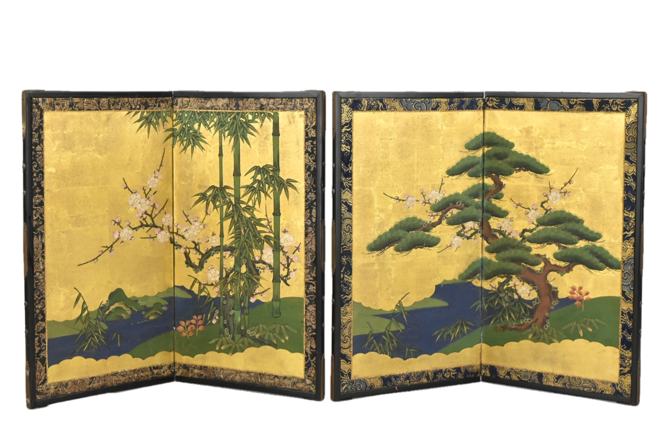 Appraisal: Two Japanese panel paintings a pine tree and bamboo with