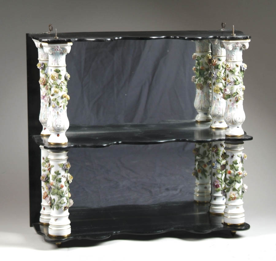 Appraisal: FINE DRESDEN TYPE PORCELAIN AND WOOD WALL SHELF Three tier