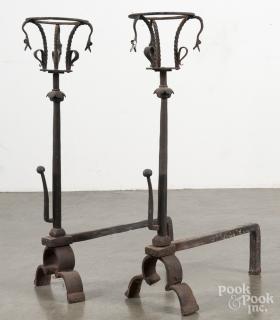 Appraisal: Pair of wrought iron andirons early th c in the