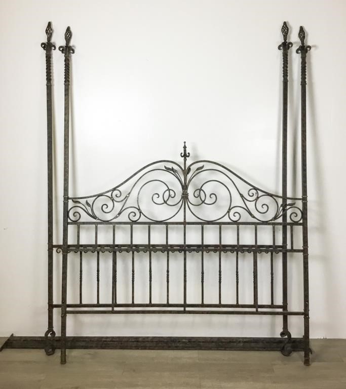 Appraisal: WROUGHT IRON FOUR POST BEDWrought Iron Four Post Bed Curvilinear