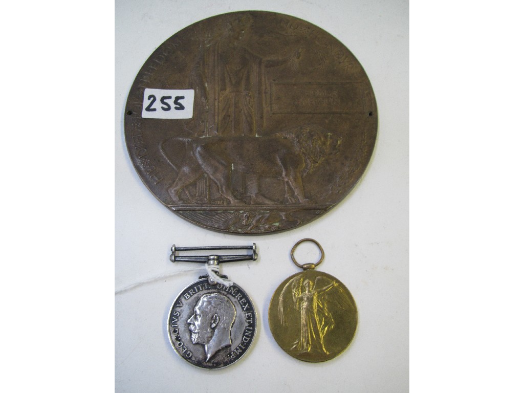 Appraisal: A lot comprising war and victory medals and memorial plaque