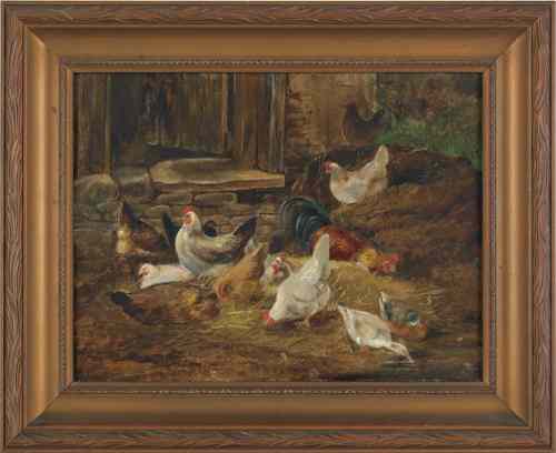 Appraisal: Oil on board landscape with chickens late th c x